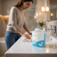 Rouleau de papier toilette emballé individuellement, fabriqué à partir de pâte de bois vierge ; doux, hautement absorbant et sans agents fluorescents.