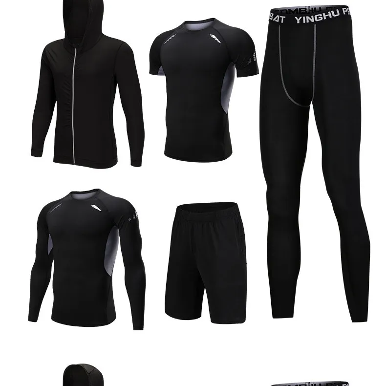 जिम खेल तंग लंबी आस्तीन सूट फिटनेस परिधान खेल काले जिम पहनने आदमी के लिए 5 टुकड़ा कसरत सेट