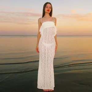 RUIYI שמלת תחרה סקסית בגדי חוף בגזרה נמוכה שמלות כלה בגזרה דקיקה תחרה שמלות חוף נשים