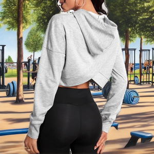 Sweat-shirt à capuche court pour femme, manches longues, couleur unie, respirant, coupe classique, toutes saisons, gris - Product Image 2