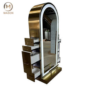 Estación de espejo de barbero LED de doble cara Diseño de arco de madera con iluminación impermeable ajustable, muebles de estilo de salón Premium - Product Image 2