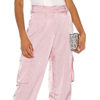 Pantalon cargo décontracté en satin rose pour femmes, taille haute, avec poche, taille plus, ceinture
