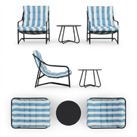 Ensemble bistrot moderne 3 pièces pour extérieur, structure en fer, chaise en toile respirante, coussins rayés, confortable pour jardin, cour, terrasse