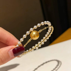 Double Layer Pearl Cuff Bangle With 10-11mm Rich Tea Golden Pearl & 3.5-4mm Aurora Baby Pearl, 925 Silver Elegant Luxury Jewelry - Product Image 5