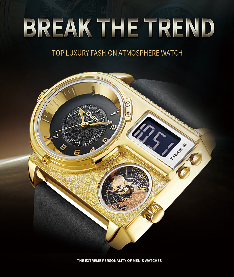 Oulm 5026 Men's Dual Display Quartz Sport Watch Casual Leather Wristwatch  Two Time Zones Chronograph LED Features Big Size Glass