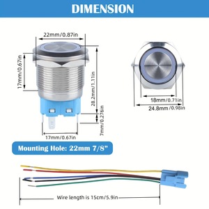 22MM 메탈 IP65 셀프 록킹/리셋 인칭 스타트 버튼 LED 링 라이트 포함 5피트 크로스보더 - Product Image 4