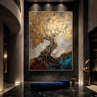 Luxuriöses handgemaltes abstraktes Ölgemälde mit goldenem Baum, stark strukturiertes Goldblatt, Wohlstandsbaum Wandkunst