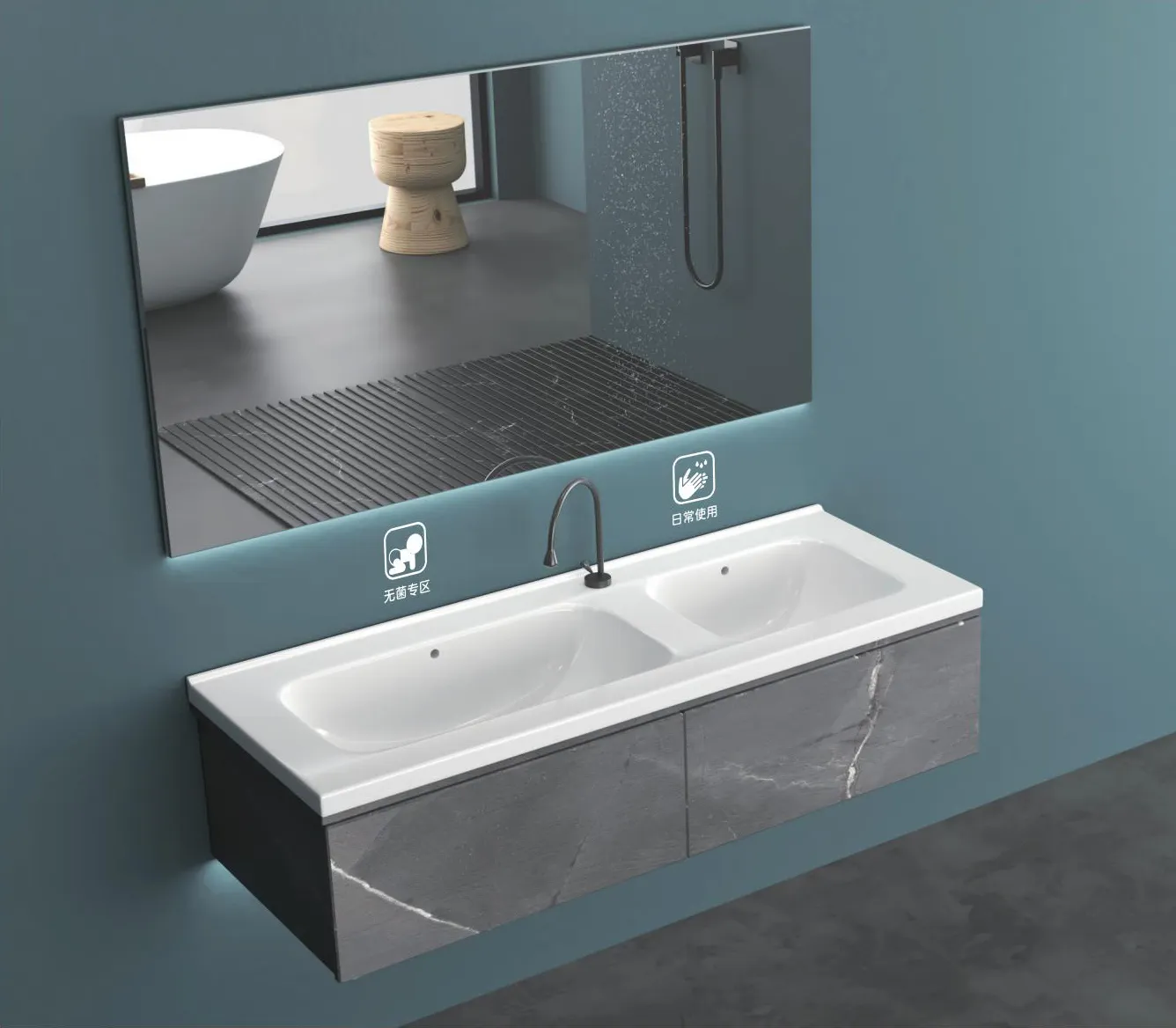 Design di lusso all'ingrosso mobiletto lavabo vanità bagno doppia ciotola lavabo in ceramica