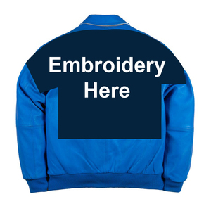 Men's Blue PU Leather Bomber Jacket Turn Down Collar Zipper Front Embroidery Design Casual Autumn Wear - Product Image 6