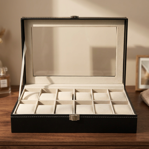 Black Leatherette <b>Watch</b> Box with 10 Slots Mirror Lid Snap Closure Faux Suede Interior Dustproof Rectangle Shape - Product Image 3