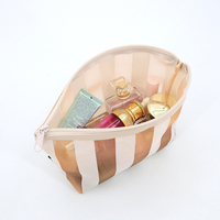 Pochette de voyage portable de luxe imprimée à fermeture éclair, grande capacité, en maille rayée, pour maquillage et cosmétiques, avec logo personnalisé transparent