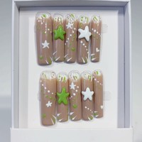 Tacana 10 pièces Faux ongles à presser faits main 4.0 Longs, motif étoile tubulaire, style européen séduisant, 3D, couverture complète, style français