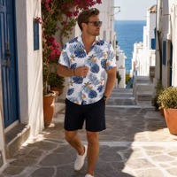 Chemise Hawaïenne Homme Personnalisée OEM ODM, en Polyester à Imprimé Feuilles Tropicales, Col Camp, Coupe Décontractée pour Sports de Plein Air et Vacances
