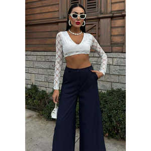 Pantalones Palazzo Elegantes de Pierna Ancha, Cintura Alta, Color Azul Marino, Crepé Antiarrugas, Pantalones para Mujer - Product Image 5