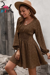 European and American <b>Style</b> Women S Pullover Vneck Dress With Long Sleeves and Pleated Waistband - Product Image 6