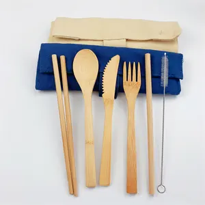 Conjunto de talheres de bambu portátil reutilizável, utensílios de viagem para acampamento e vida sustentável