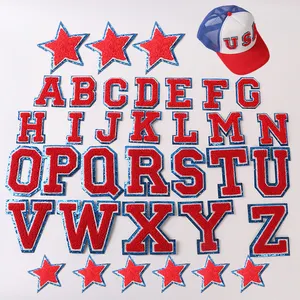 Wholesale varsity sequins red white blue stars patriotic chenille iron on glitter letter patches