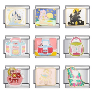 Breloques de bracelet modulaires italiennes en forme de château de conte de fées, en acier inoxydable plaqué, rectangulaires, accessoires de bijoux DIY pour la création de bracelets - Product Image 1