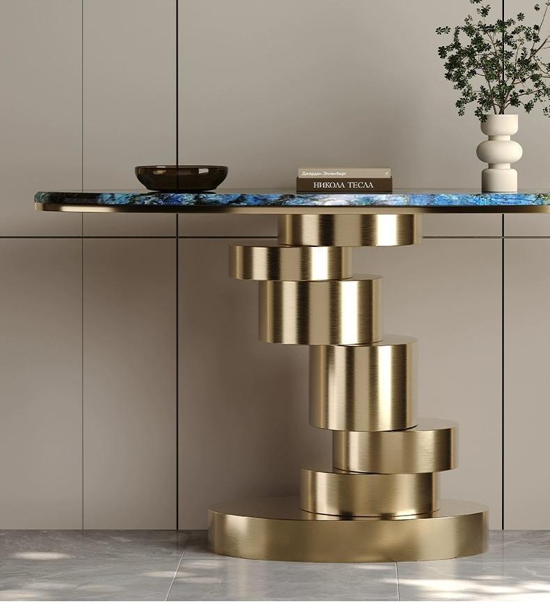 Mid-Century Modern Stainless Steel Console Table with Wood Panel – Contemporary Entryway & Living Room Furniture for Home Décor - View 2
