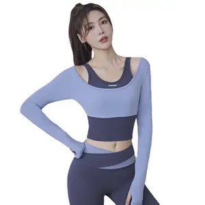 Wholesale 2-in-1 Women Yoga Top Breathable Blouse Active Tops Built In Bra Workout Padded Yoga Gym Tops