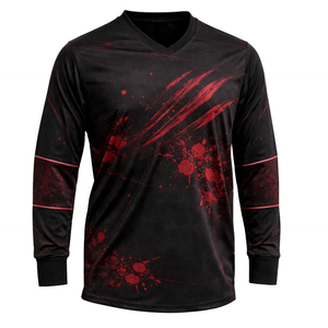 Jersey de Paintball Negro de Manga Larga con Diseño de Salpicaduras Rojas, Cuello en V, Ajuste Universal, Ropa para Actividades al Aire Libre - Product Image 3