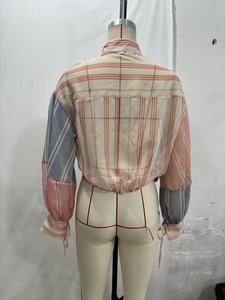 Mode lente herfst vrouw patchwork kleurblok gestreept lang lantaarnmouw gerimpeld kanten shirt <span class=keywords><strong>blouse</strong></span> casual tops dames blouses - Product Image 4