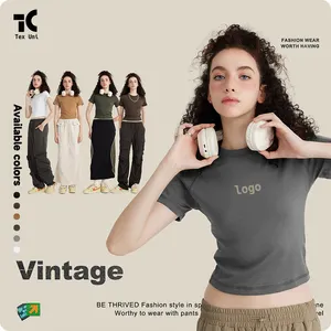 Kaus bayi atasan Crop Logo kustom pakaian Lounge Vintage Y2K Hot Girl Slim Fit katun Crop Top Raglan Seam kaus Crop lengan pendek