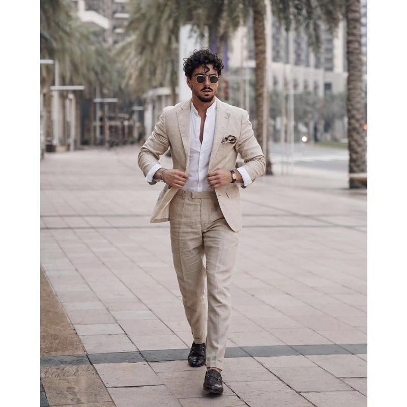 Hot Summer Linen Suits Men Street Style Beach Wedding Suits Formal  Bridegroom Tuxedo Piece Casual Blazer Terno