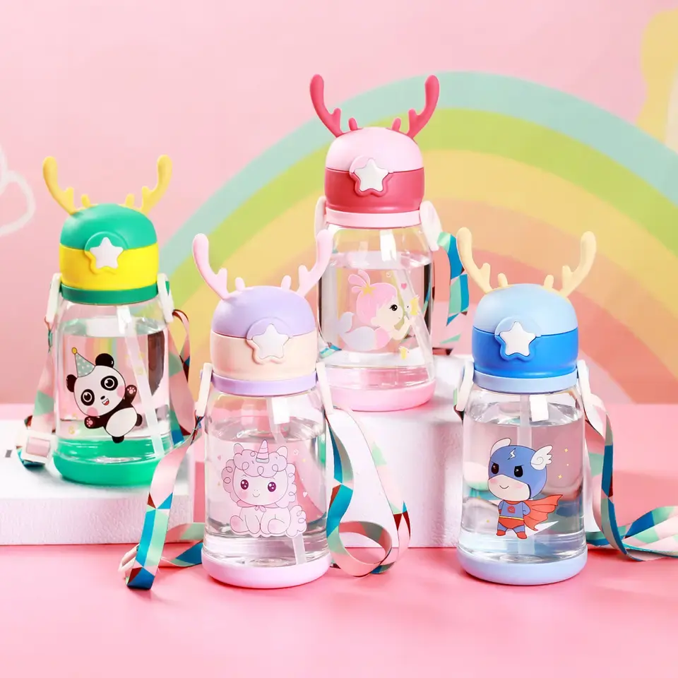 Hot Sale 600ml Children Water Bottle Wholesale Cute Printing Drinking BPA Free Bottle With Shoulder Strap For Boy Girl