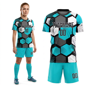 Maillot de football pour femmes, manches courtes, col mandarin, imprimé géométrique sublimé, polyester respirant, 400g, coupe classique - Product Image 1