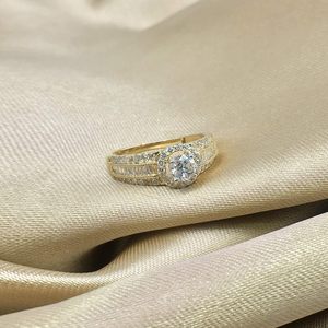 14k Yellow Gold Diamond Halo Bridal <b>Ring</b> Set Round Brilliant Baguette Cut Women's Engagement Wedding Jewelry - Product Image 4