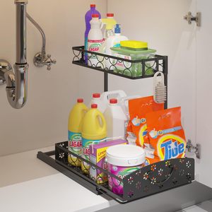 Under Sink Organizer,Adjustable Height Metal Under Kitchen Cabinet Organizer,2-Tier Sliding Shelf Storage