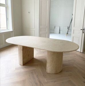 Tùy chỉnh màu be travertine bàn ăn đá tự nhiên bàn ăn với ghế nodic hình bầu dục bằng đá cẩm thạch bàn ăn - Product Image 6