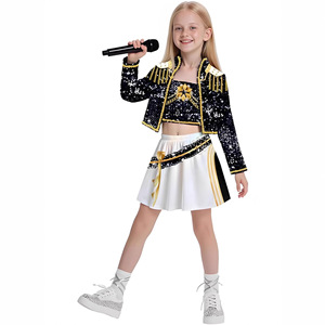 Disfraz de cantante pop negro y dorado de 2 piezas para niñas, estampado 3D, ropa de actuación de bruja con etiqueta y marcas, en stock desde Zhejiang - Product Image 1