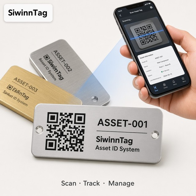 Asset Tag SiwinnTag Custom QR Code Barcode Equipment Fixed Asset Management Tracking Aluminum Stainless Steel Laser Engraved