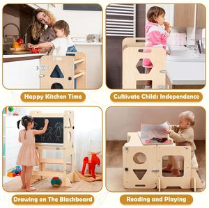 4-in-1 Toddler Standing Tower Anti-Tip,Toddler Kitchen <b>Step</b> <b>Stool</b> with Blackboard, Foldable Wooden for Kids - Product Image 4