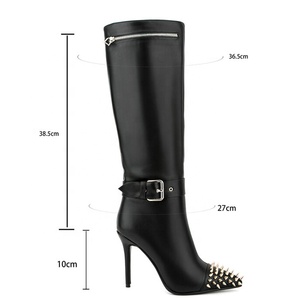 New Pointy Toe Metal Rivets High Thin Heel Long Booties Side Zipper Fashion Buckles Solid Knee High <b>Boots</b> for Women - Product Image 6