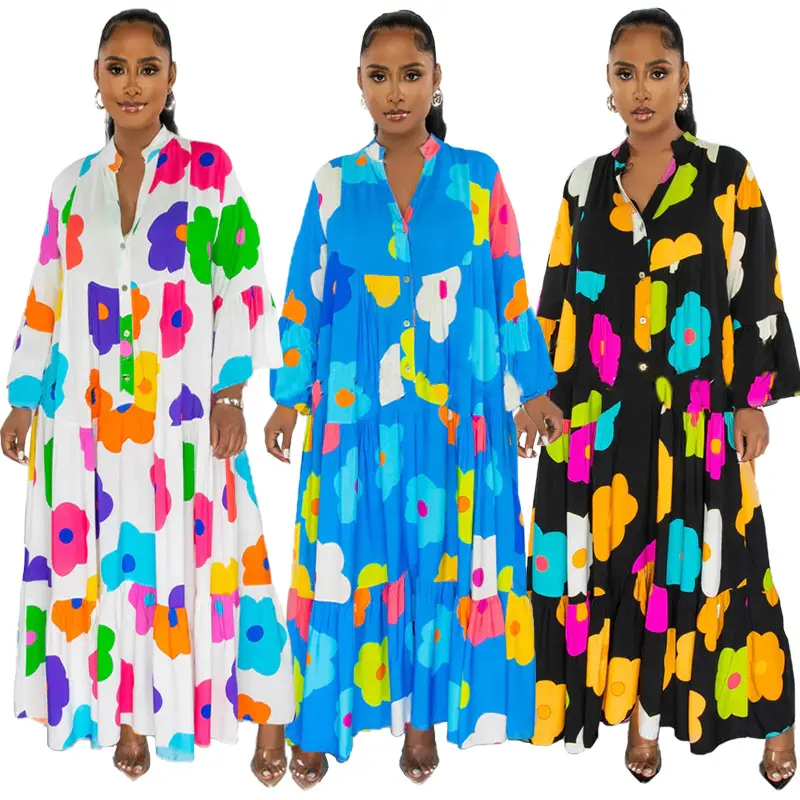 New Arrival Fall Shirt Dress Plus Size Floral Print Loose Long Sleeve Maxi Dress For Women