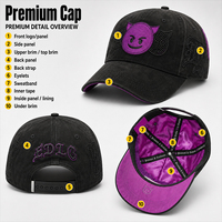 Casquette de baseball en suède de coton premium, broderie visage de diable violet, patch en strass, logo gothique en lettres, doublure en satin, fermeture snapback
