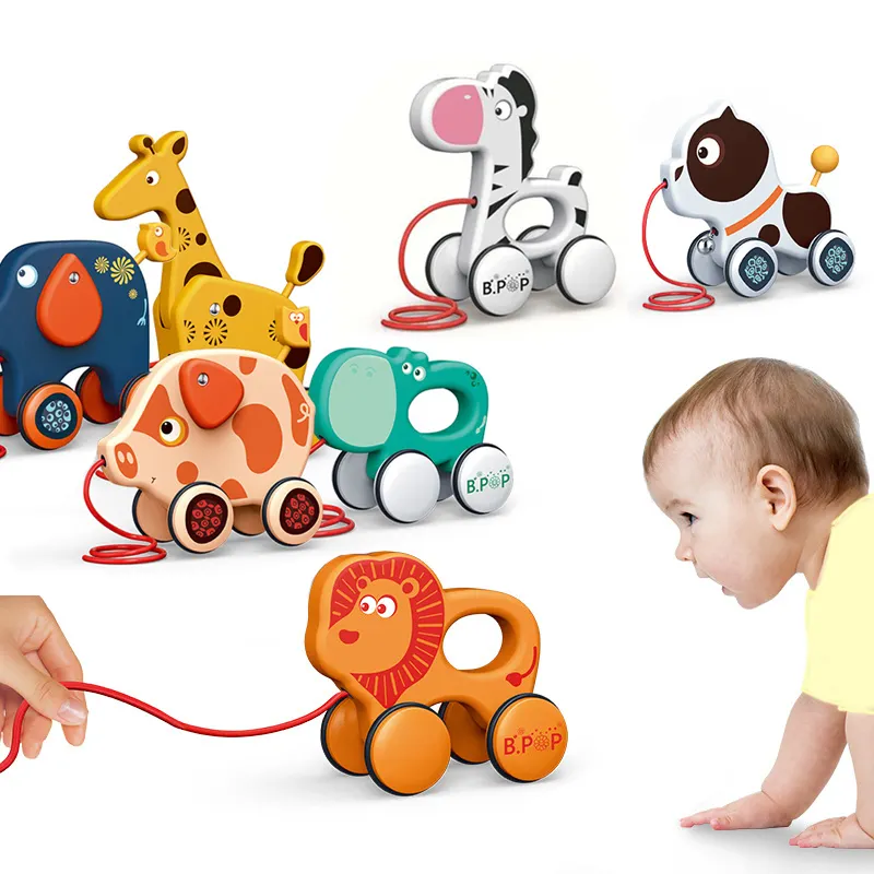 Mainan bantu jalan bayi kartun anak, mainan dorong tarik tarik tali tangan Hewan geser