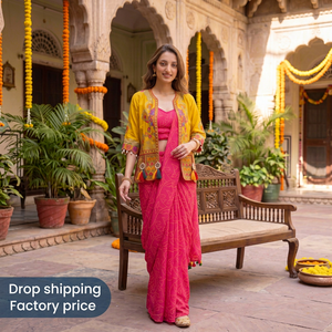 Pink Bandhani Chaniya Choli Yellow Embroidered <b>Jacket</b> Cowrie Shell Tassel Navratri <b>Dress</b> - Product Image 1