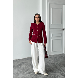 Veste à col rond Burgundy Balzer avec détails de passepoil pour femmes Blazers élégants - Product Image 4