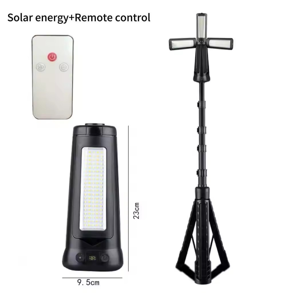 Black Foldable Telescopic LED Work Light with Solar and Remote Control Functions, Suitable for Car Maintenance and Camping