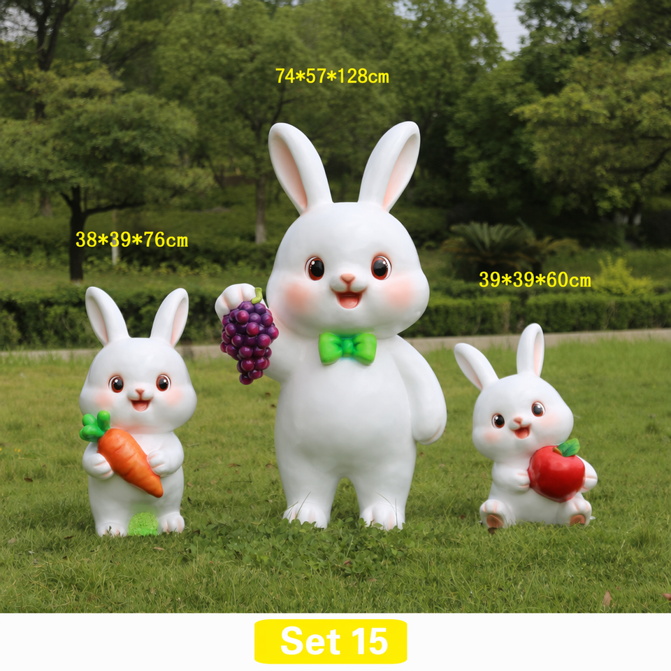 Sculped Pattern Fiberglass Factory FRP Bunny Statue Cartoon Rabbit Sculpture with Fruit ...
