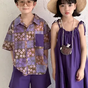ウエスタンスタイルの子供用ファッションスーツ夏の兄弟姉妹の衣装女の子のスリップドレスボーイズチェック柄シャツ