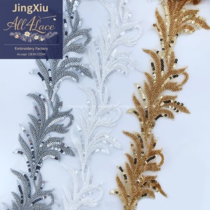 Ruban de dentelle brodé en plumes et feuilles d'argent et d'or pour robe, vêtement, bricolage, couture, décoration, accessoire, fourniture, matériau - Product Image 3
