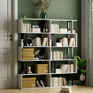 Étagère contemporaine en bois blanc avec structure en métal noir, design asymétrique ouvert, étagères multifonctions, rangement gain de place - Product Image 2