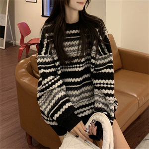 Women's Vintage Striped Pullover Loose Mid-Length <strong>Knitted</strong> Top <strong>Big</strong> <strong>Sweater</strong> for Spring Autumn Winter-Lazy Style - Product Image 5