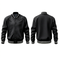 Veste varsity noire en PU pour homme, col rabattu, coupe classique, vêtements décontractés d'automne, fermeture à boutons, couleur unie