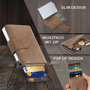เคสอลูมิเนียมแบบป๊อปอัพอลูมิเนียมแบบกระเป๋าสตางค์สำหรับผู้ชาย,เคสป้องกัน NFC RFID หนังแท้จากโรงงานเยอรมัน